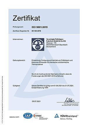 Ein Zertifikat des rheinländischen TÜV für die Vereinigte Füllkörper-Fabriken GmbH & Co KG.