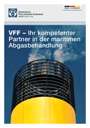 Eine abgebildete Broschüre von VFF zeigt VFF als kompetenter Partner in der maritimen Abgasbehandlung.