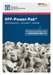 Eine abgebildete Broschüre von VFF zeigt das VFF Power Pak und Keramik Füllmaterial.