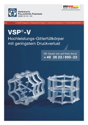 Eine abgebildete Broschüre von VFF zeigt zwei Hochleistungs-Gitterfüllkörper mit geringstem Druckverlust.