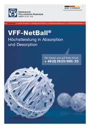 Eine abgebildete Broschüre von VFF zeigt den VFF-Netzball als Füllmaterial aus Kunststoff.