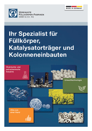 Eine Broschüre von Vereinigte Füllkörper-Fabriken als Spezialist für Füllkörper, Katalysatorträger und Kolonneneinbauten ist abgebildet.