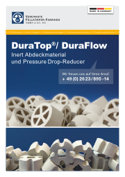 Eine abgebildete Broschüre von VFF zeigt das VFF Produkt Inert Abdeckmaterial und Pressure Drop-Reducer.